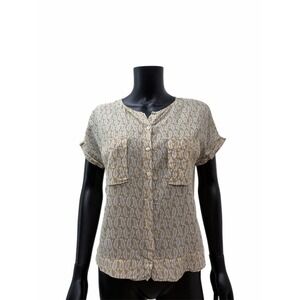 Massimo Dutti Silk Cotton Paisley Blouse Beige White Button Front‎ Size 6